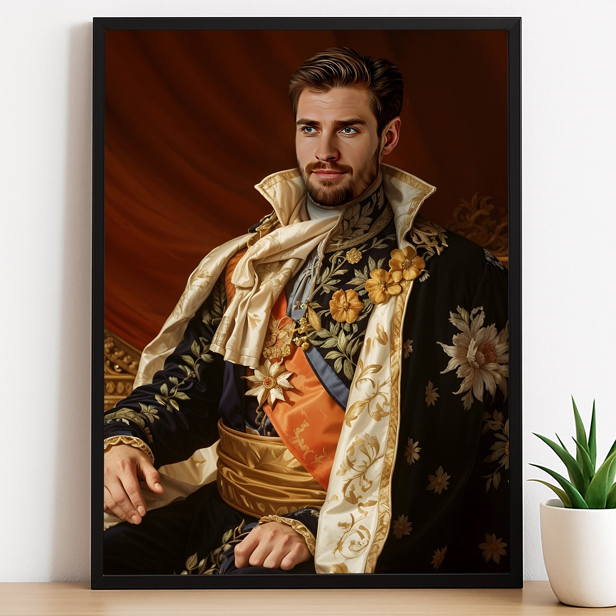 Custom Floral King Portrait – Man in Embroidered Robe with Sash