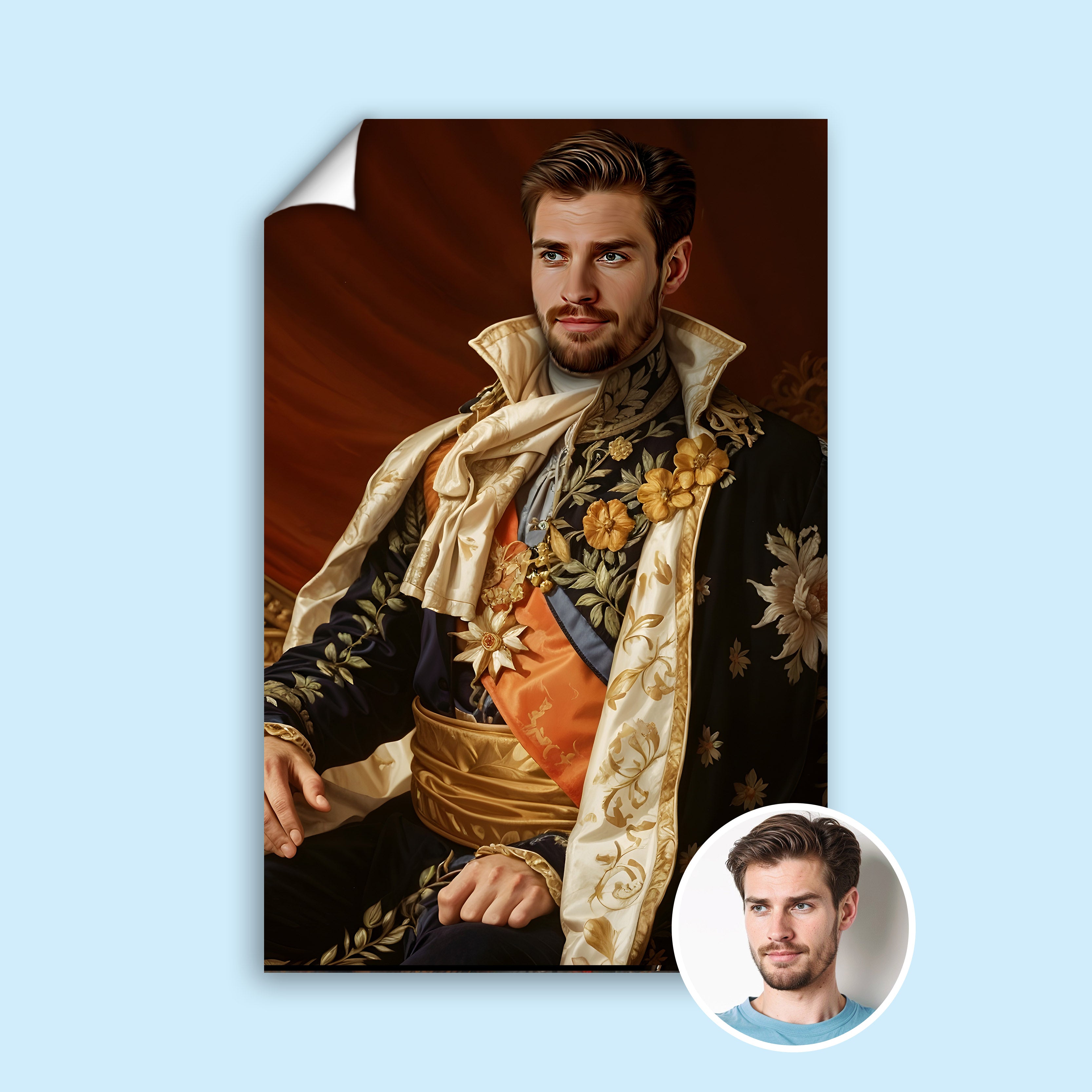 Custom Floral King Portrait – Man in Embroidered Robe with Sash