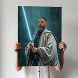 Custom Jedi Knight Portrait – Man in Robes Holding Blue Lightsaber