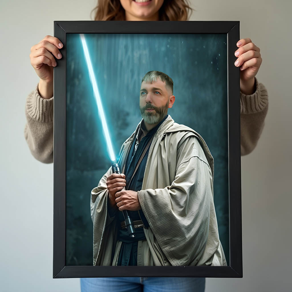 Custom Jedi Knight Portrait – Man in Robes Holding Blue Lightsaber