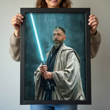 Custom Jedi Knight Portrait – Man in Robes Holding Blue Lightsaber