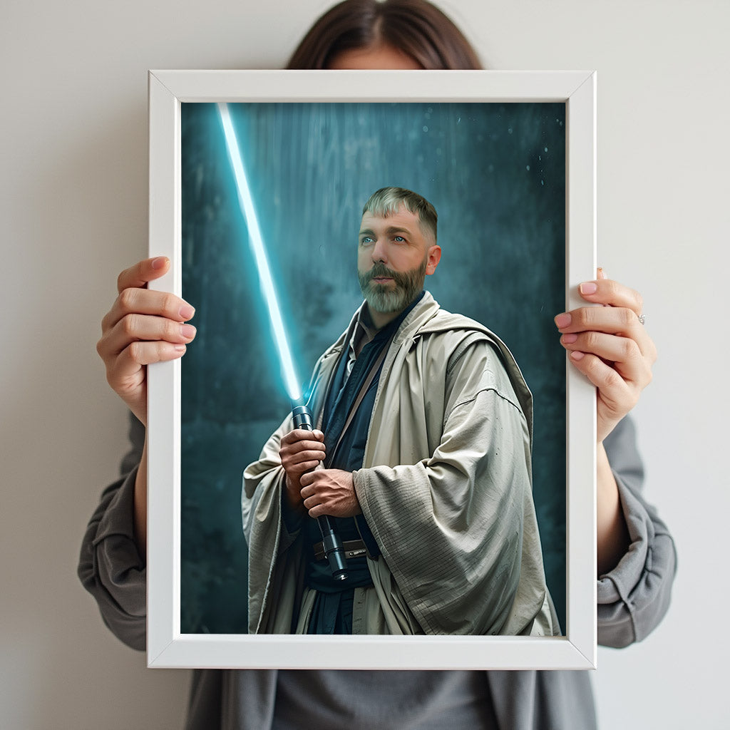Custom Jedi Knight Portrait – Man in Robes Holding Blue Lightsaber