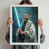 Custom Jedi Knight Portrait – Man in Robes Holding Blue Lightsaber