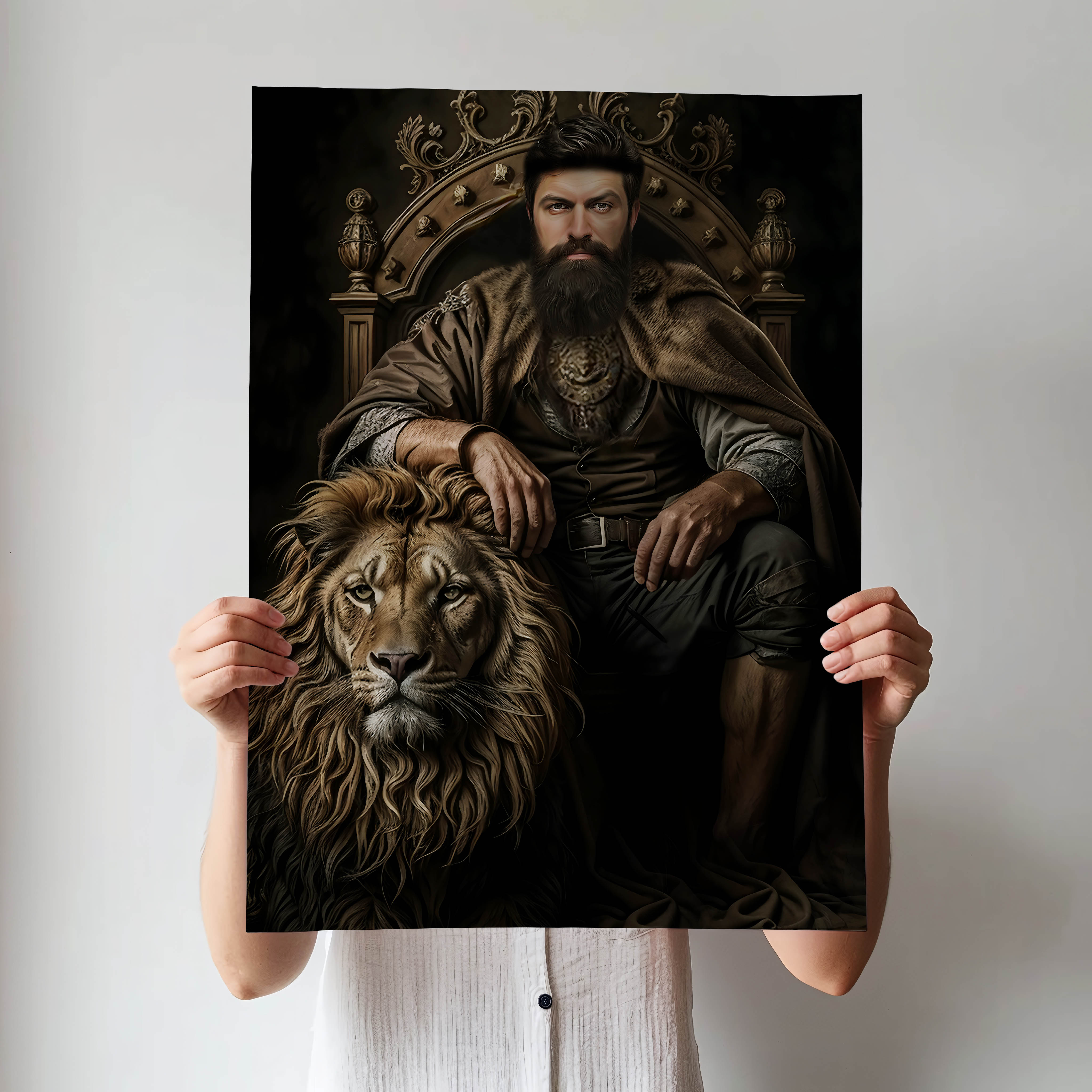 Custom Warrior King Portrait – Man on Throne with Lion Companion