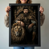 Custom Warrior King Portrait – Man on Throne with Lion Companion