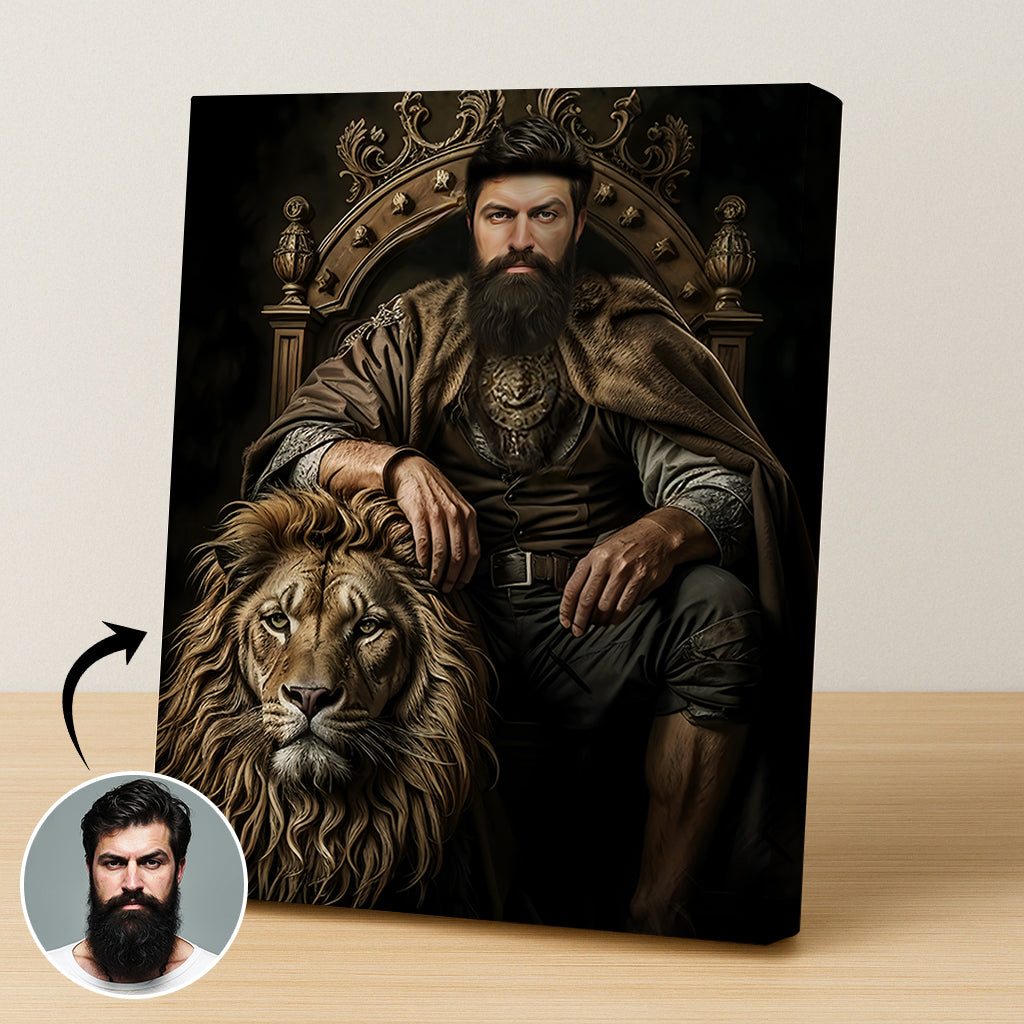 Custom Warrior King Portrait – Man on Throne with Lion Companion