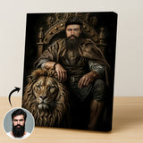 Custom Warrior King Portrait – Man on Throne with Lion Companion