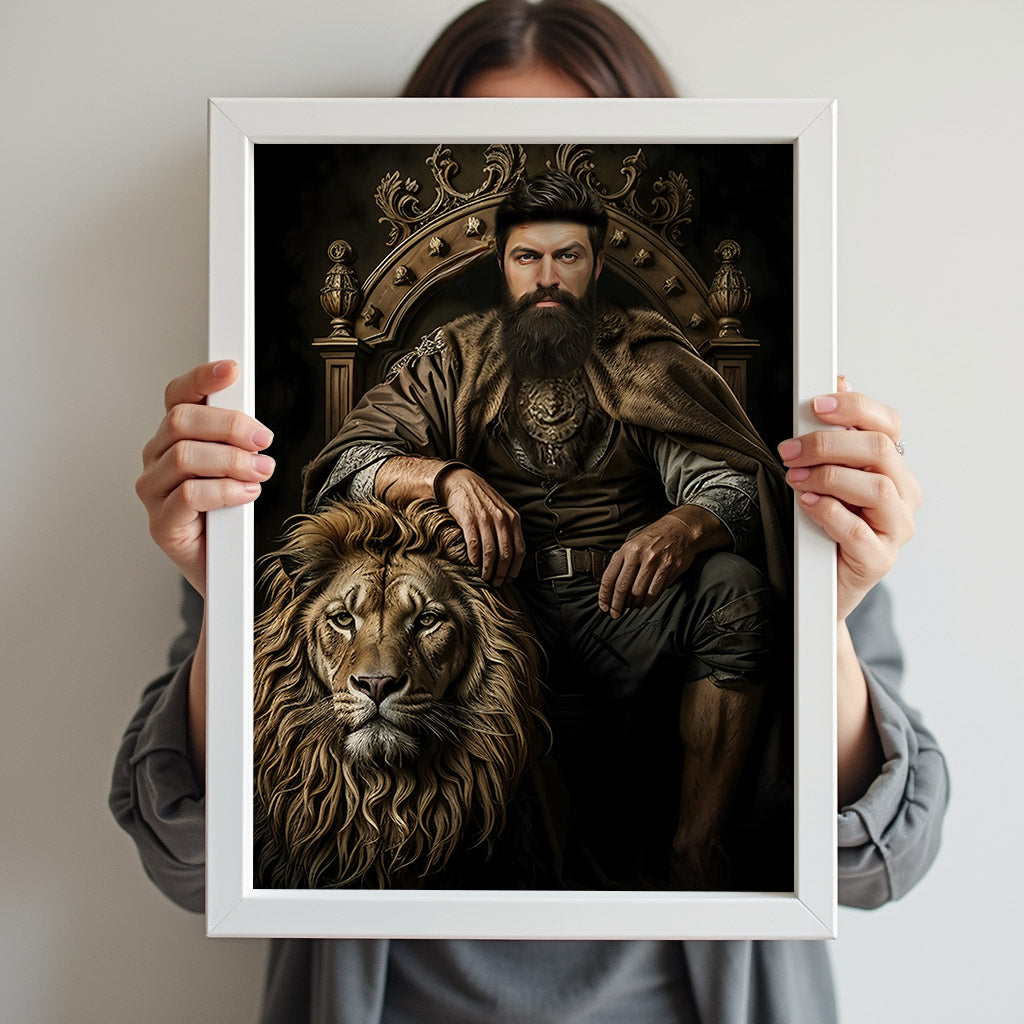 Custom Warrior King Portrait – Man on Throne with Lion Companion