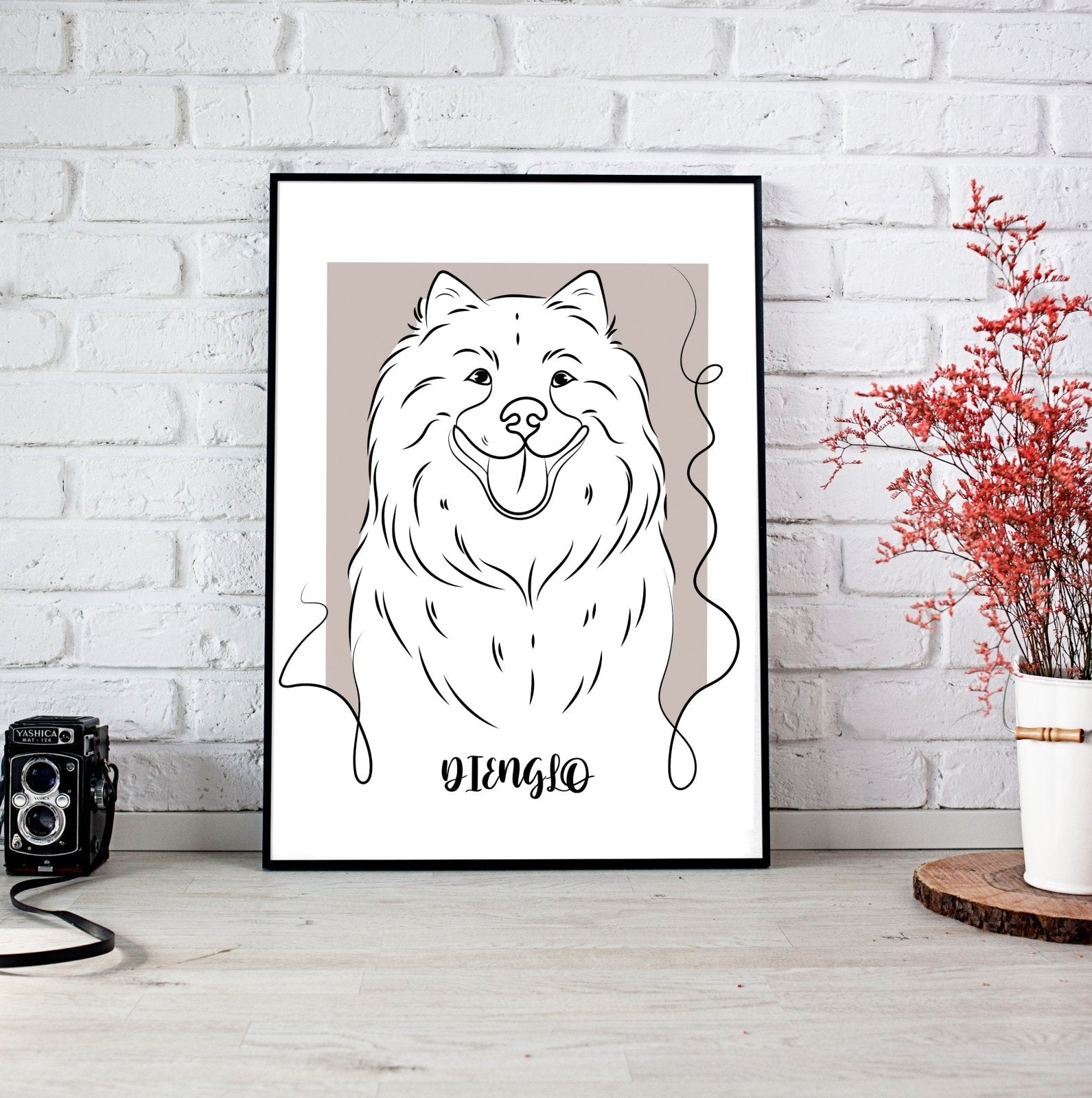 Minimalist line art pet portrait featuring a custom hand-drawn outline of a dog or cat based on a real photo, in a clean, modern design