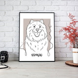 Minimalist line art pet portrait featuring a custom hand-drawn outline of a dog or cat based on a real photo, in a clean, modern design