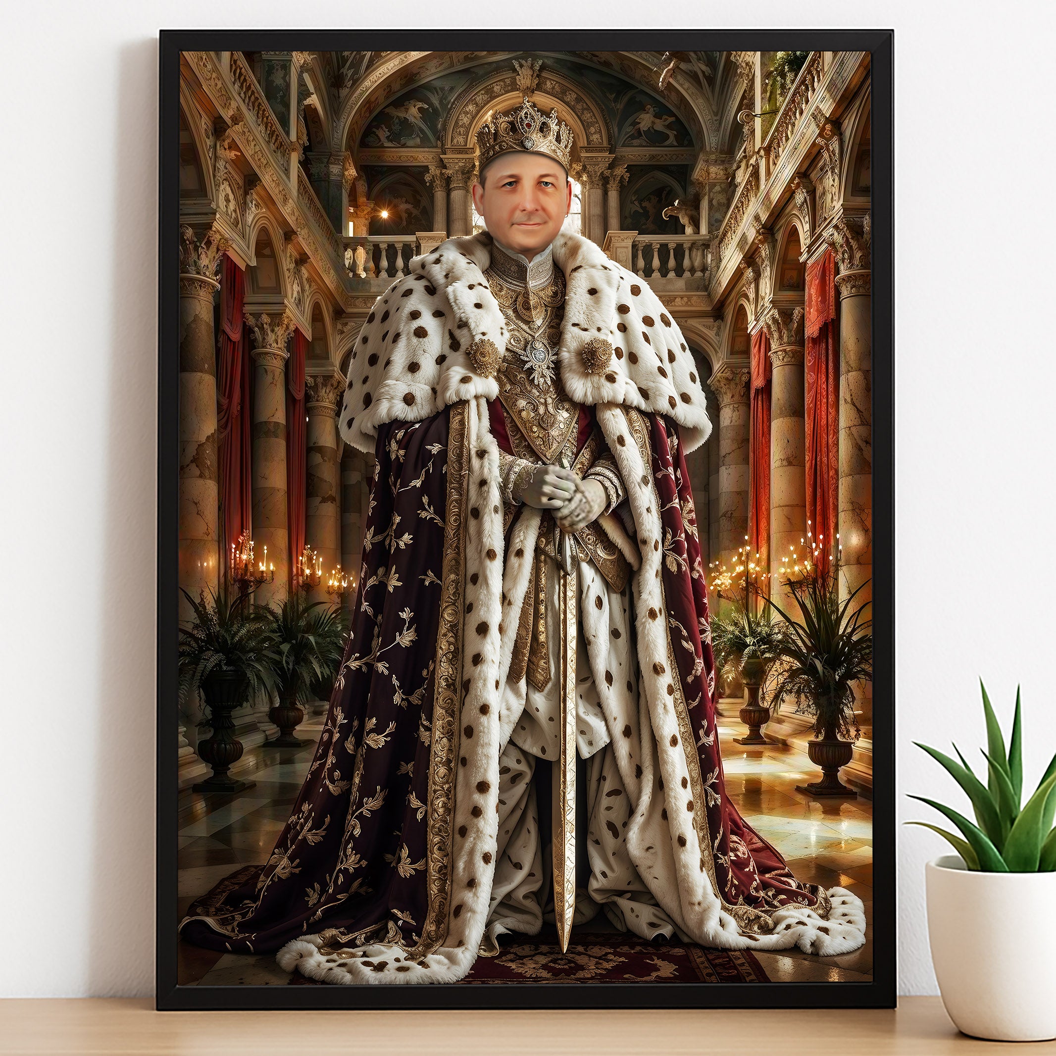 Custom Palace King Portrait – Man in Royal Robes with Crown and Sword