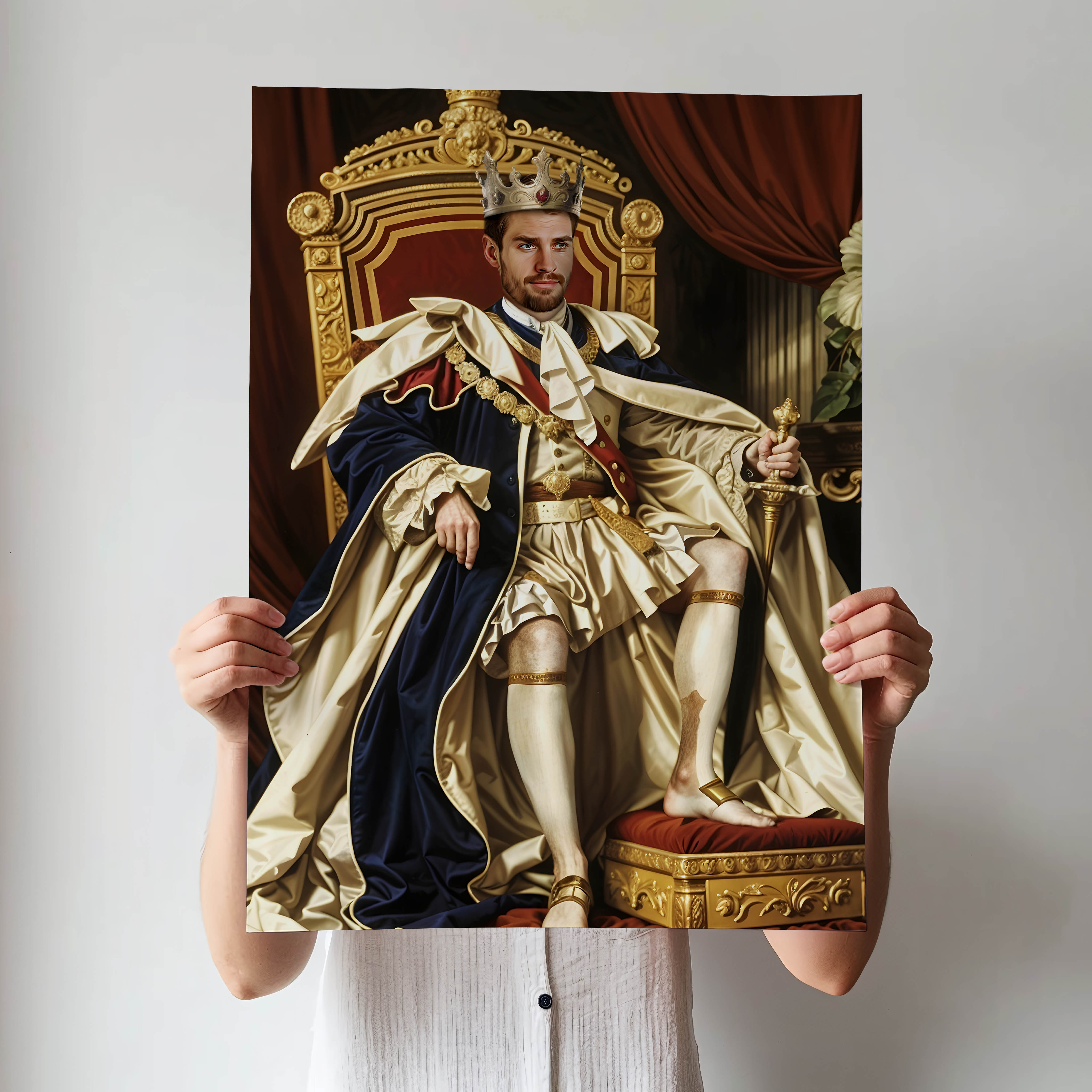 Custom Golden Throne Portrait – Man in Crown and Cape Seated in Royal Chair