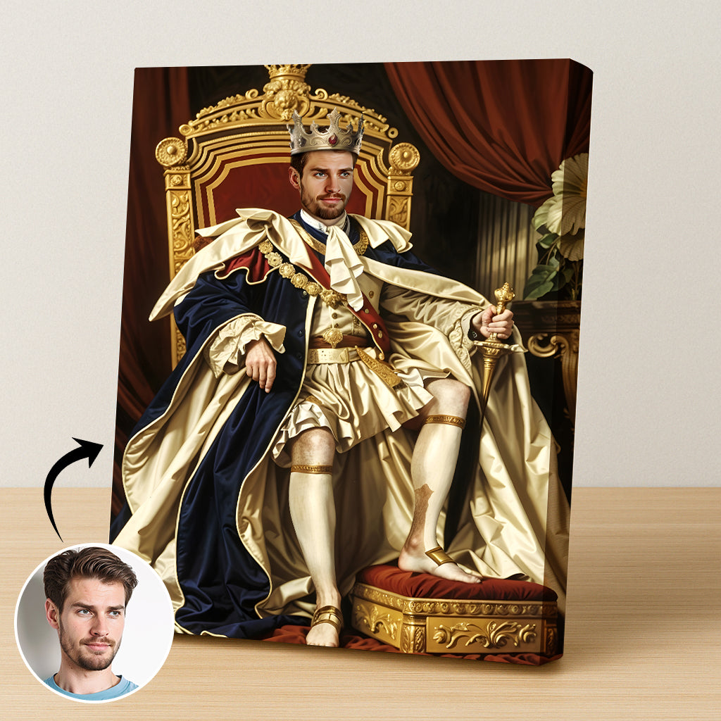 Custom Golden Throne Portrait – Man in Crown and Cape Seated in Royal Chair