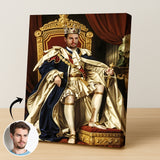 Custom Golden Throne Portrait – Man in Crown and Cape Seated in Royal Chair
