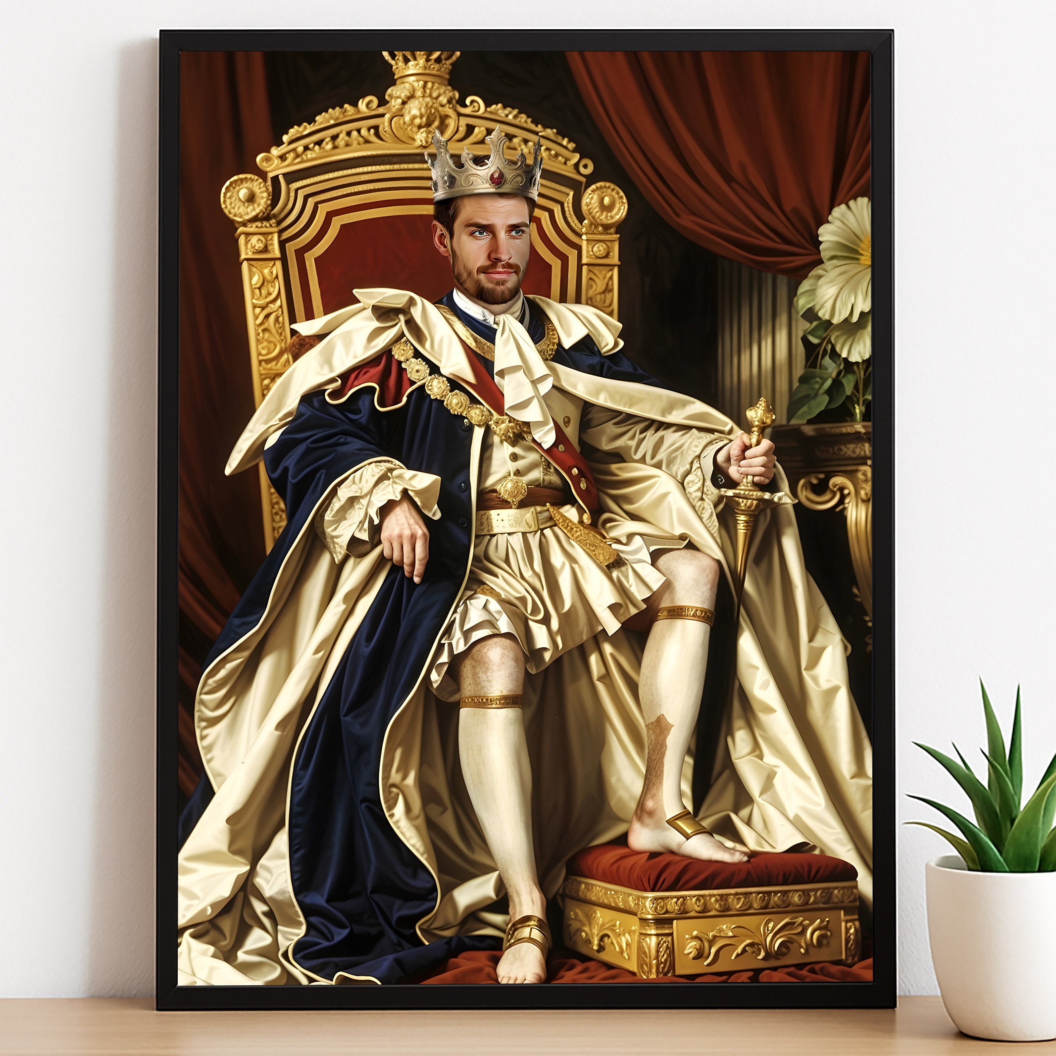 Custom Golden Throne Portrait – Man in Crown and Cape Seated in Royal Chair