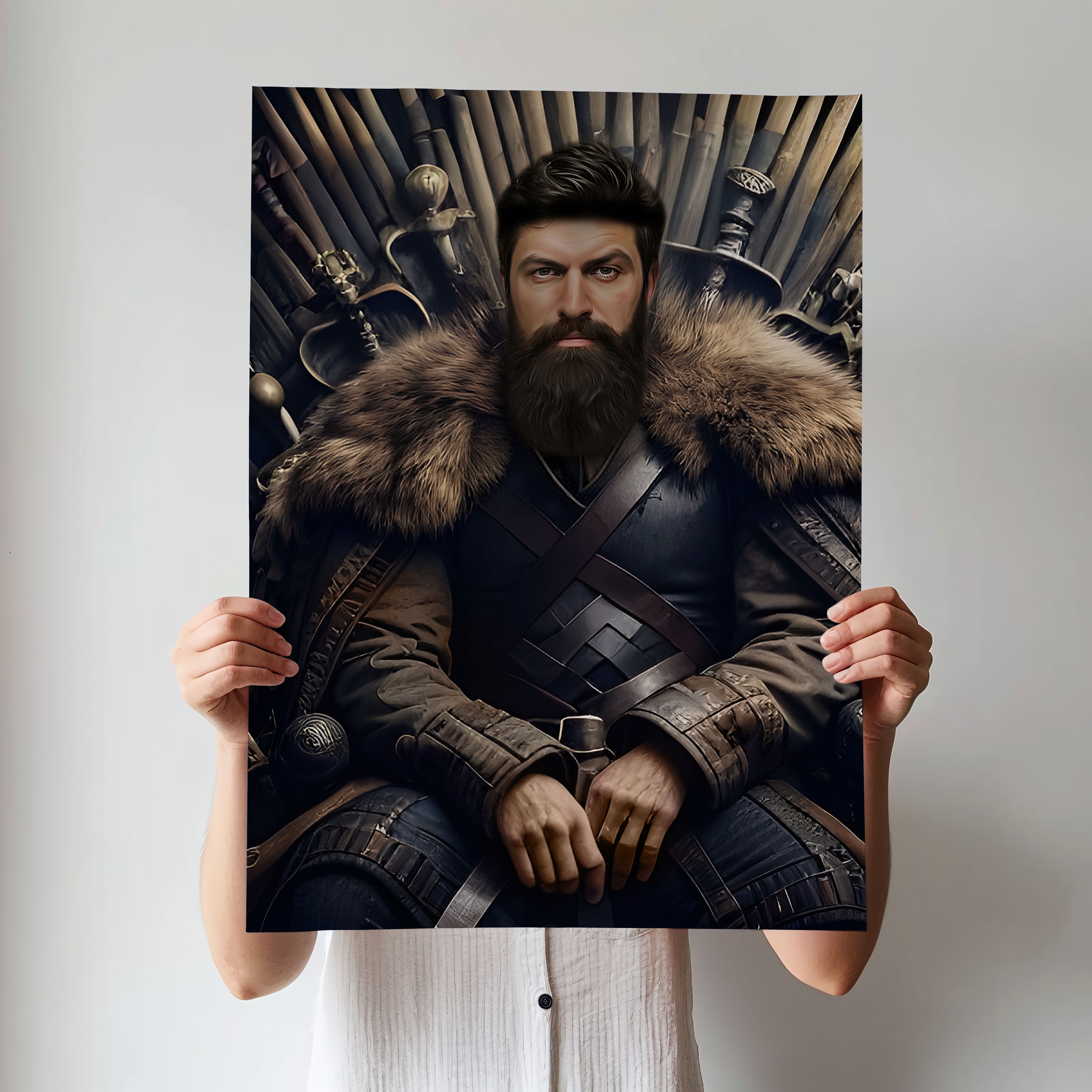 Custom Iron Throne Portrait – Man in Fur Cloak on Sword Throne