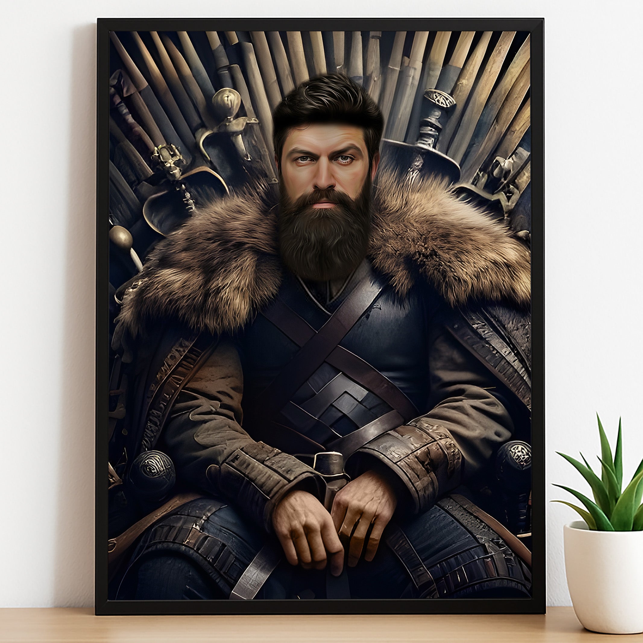 Custom Iron Throne Portrait – Man in Fur Cloak on Sword Throne