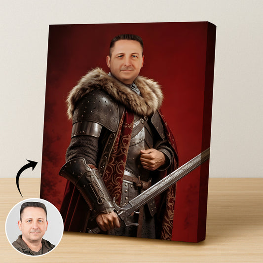 Custom Knight Portrait – Man in Armor with Sword and Red Background