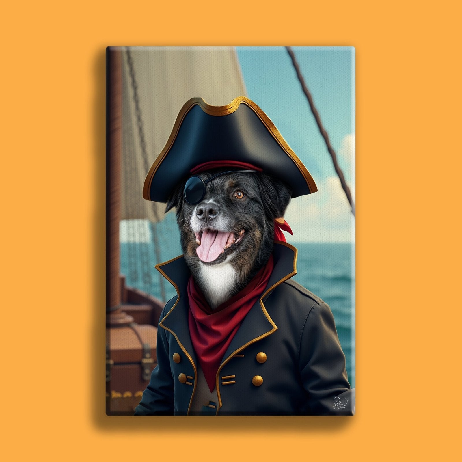 Custom pet portrait featuring a dog or cat dressed as a pirate, with a pirate hat, eye patch, and treasure chest in a swashbuckling pose
