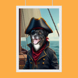 Custom pet portrait featuring a dog or cat dressed as a pirate, with a pirate hat, eye patch, and treasure chest in a swashbuckling pose