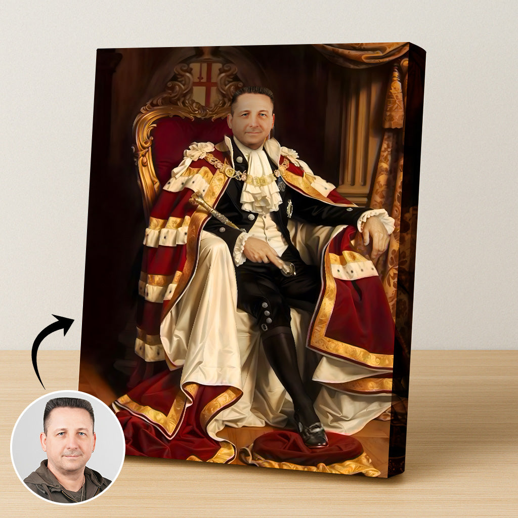 Custom Lord of Parliament Portrait – Man Seated in Red & Gold Noble Outfit