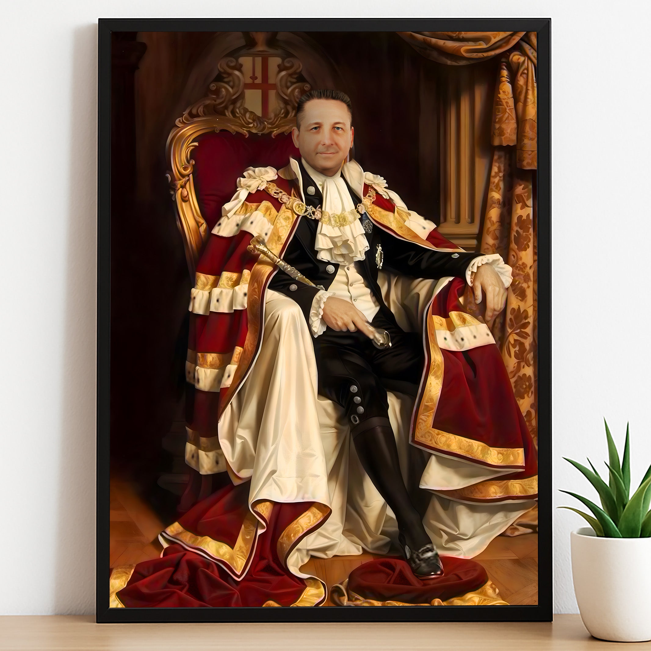 Custom Lord of Parliament Portrait – Man Seated in Red & Gold Noble Outfit