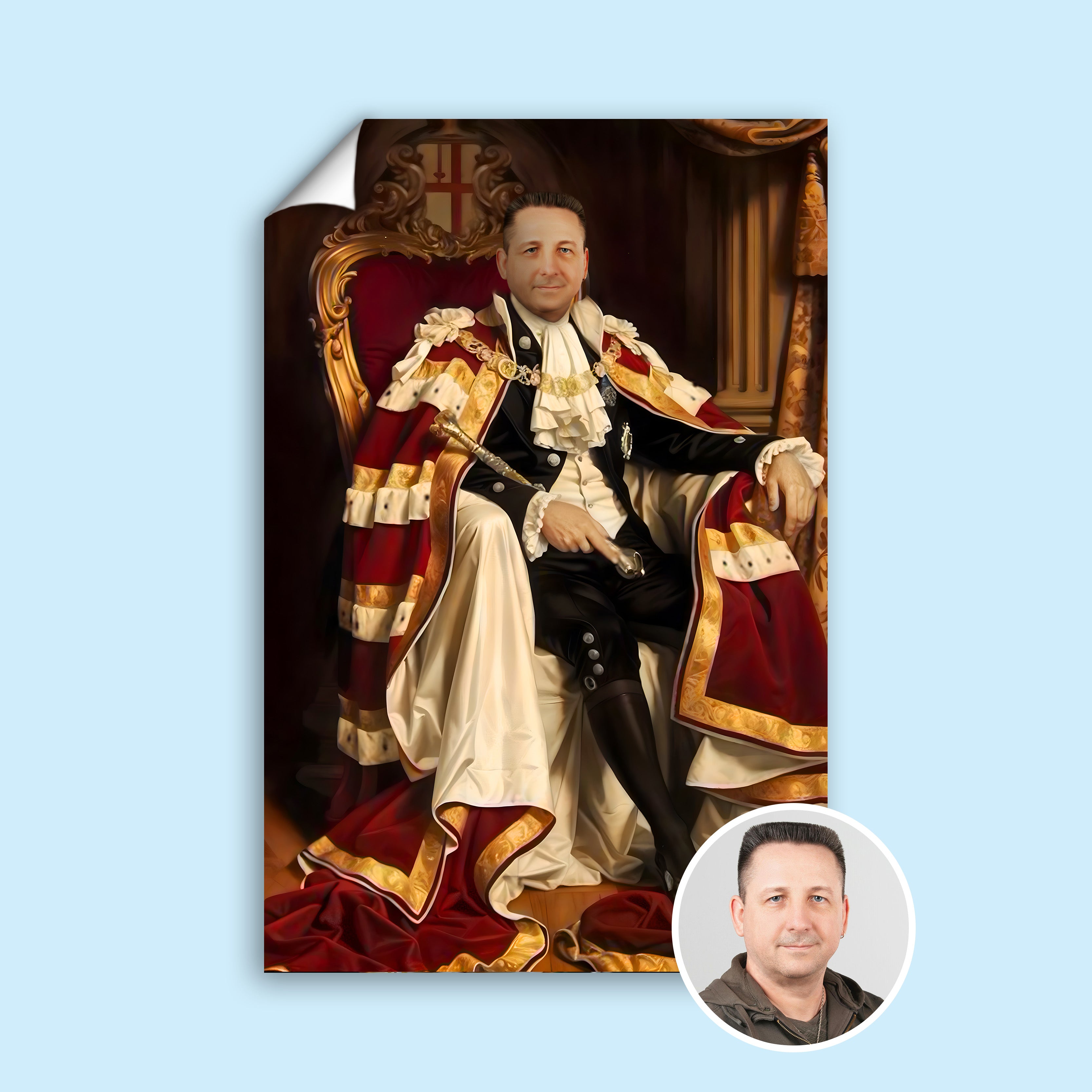 Custom Lord of Parliament Portrait – Man Seated in Red & Gold Noble Outfit