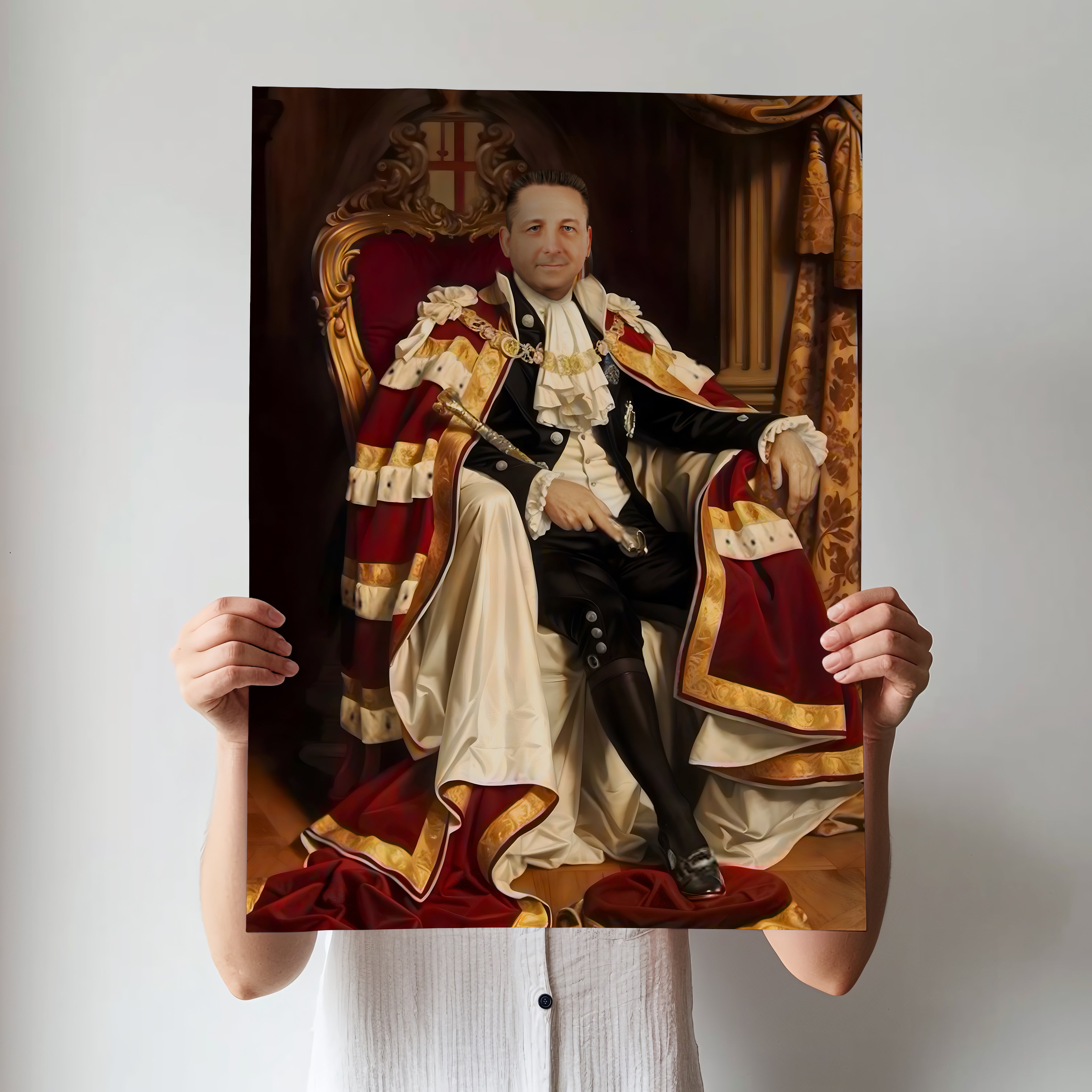 Custom Lord of Parliament Portrait – Man Seated in Red & Gold Noble Outfit
