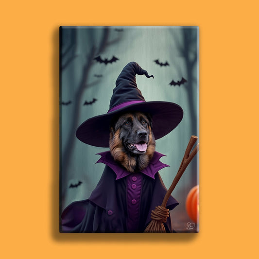 Custom Halloween pet portrait featuring a dog or cat in a spooky Halloween theme, like a ghost, witch, or pumpkin, with fun and eerie details