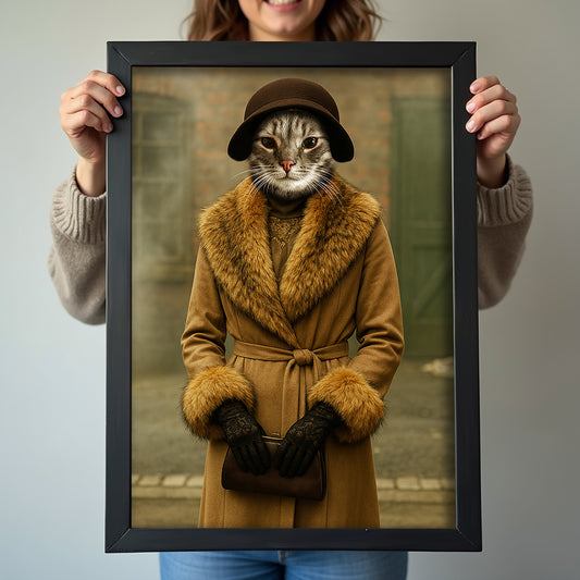 Cat portrait dressed as Ada Shelby from Peaky Blinders in vintage outfit, custom pet artwork