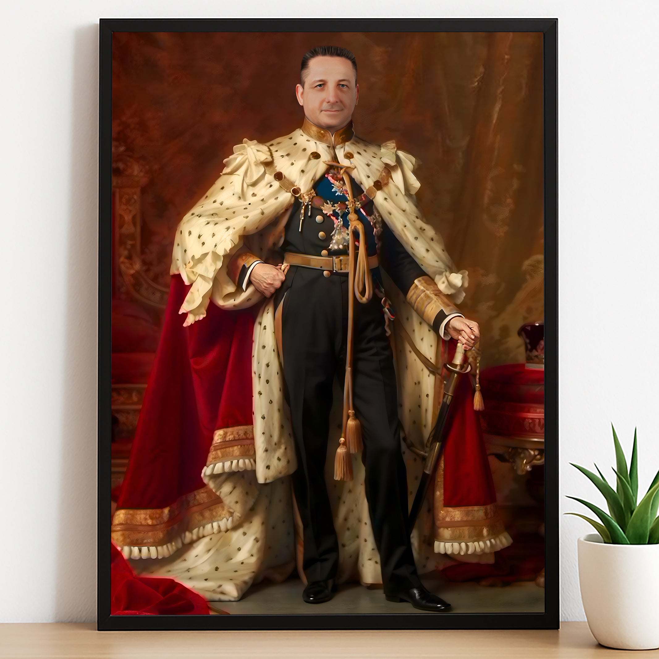 Custom Royal Commander Portrait – Man Standing in Cape with Sword