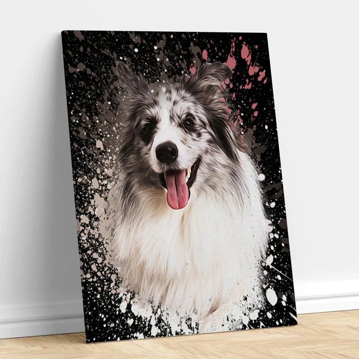 Custom contemporary pet portrait featuring a dog or cat in a vibrant, modern style with geometric shapes and bold colors