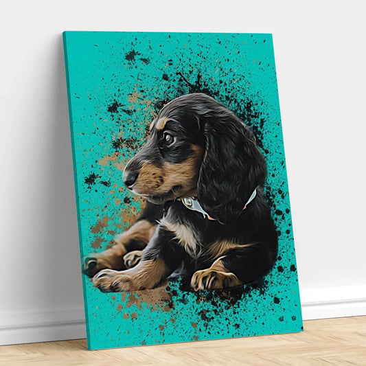 Custom contemporary pet portrait featuring a dog or cat in a vibrant, modern style with geometric shapes and bold colors
