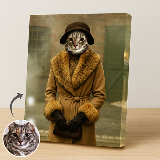 Cat portrait dressed as Ada Shelby from Peaky Blinders in vintage outfit, custom pet artwork