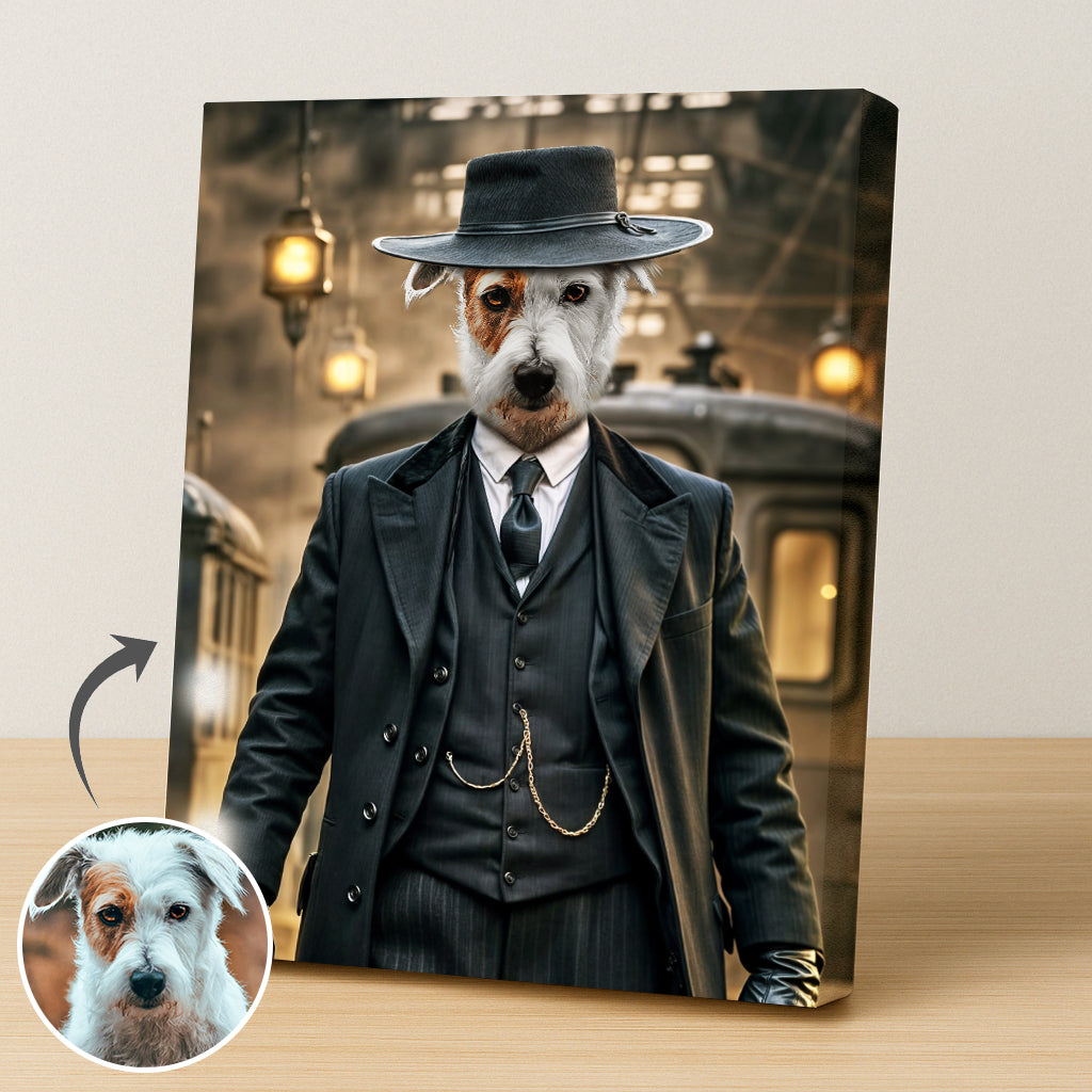 Custom pet portrait of a dog dressed as Alfie Solomons from Peaky Blinders in vintage gangster attire