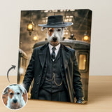 Custom pet portrait of a dog dressed as Alfie Solomons from Peaky Blinders in vintage gangster attire