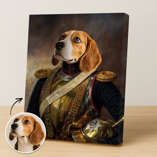 Custom pet portrait of a dog in aristocratic attire, regal background, classic elegance
