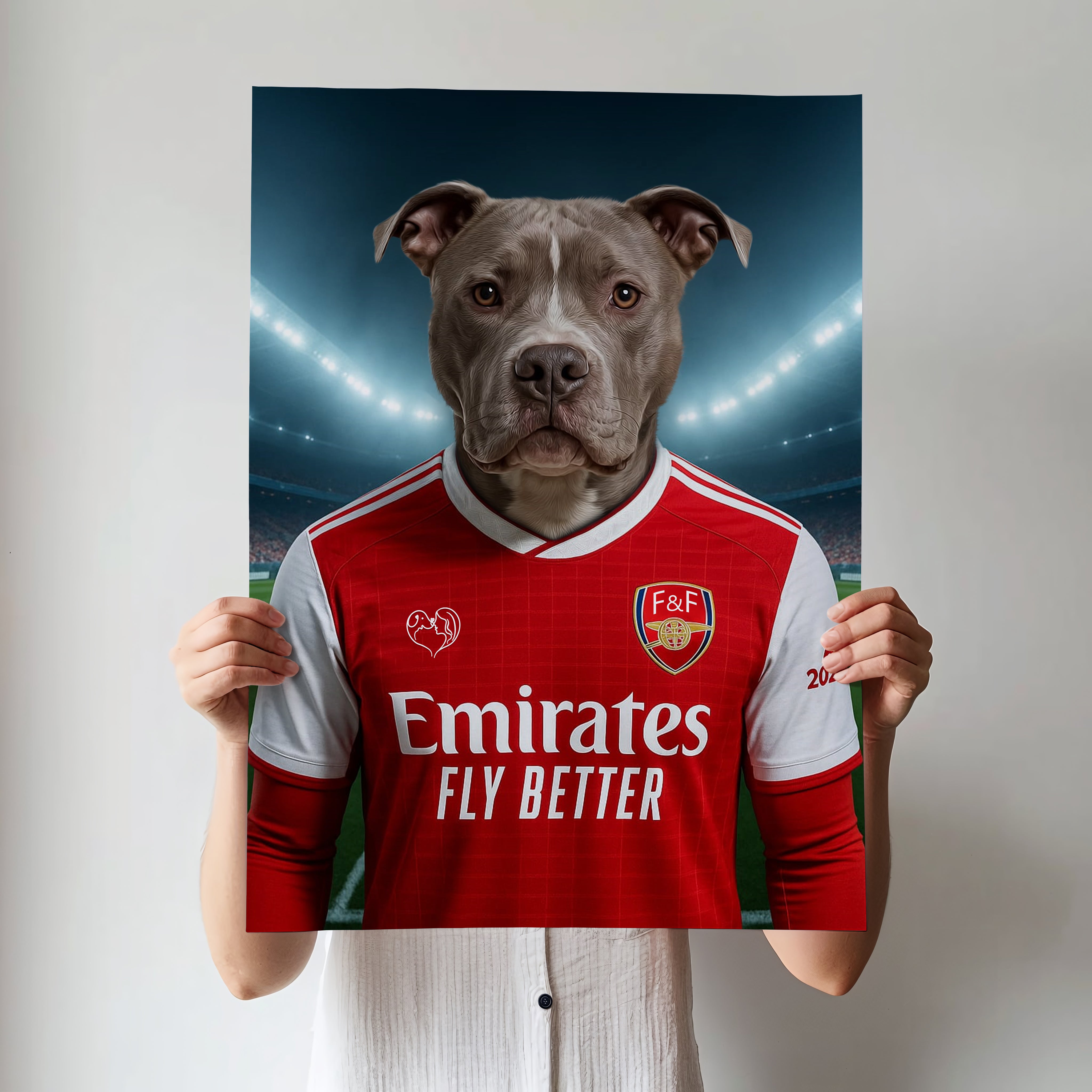 Custom pet portrait of a dog in 2025/26 Arsenal football jersey