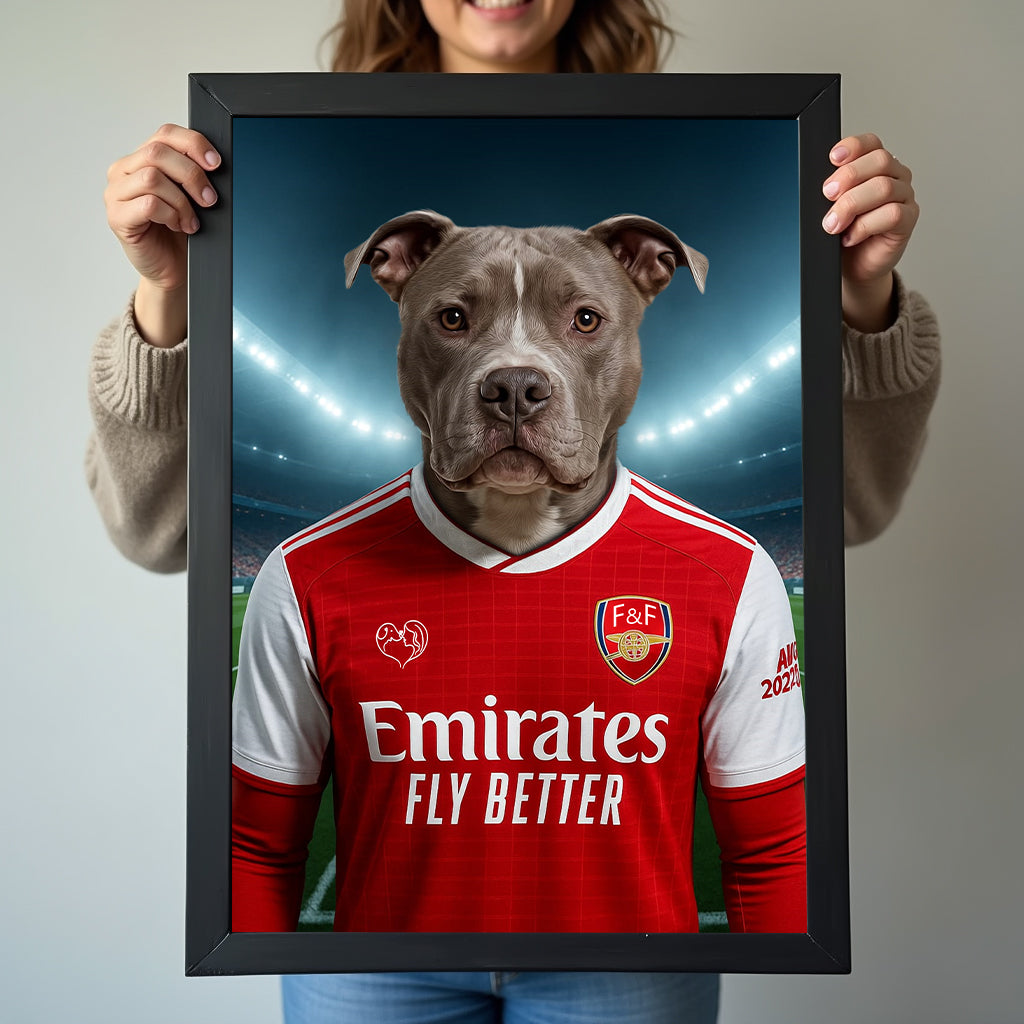 Custom pet portrait of a dog in 2025/26 Arsenal football jersey