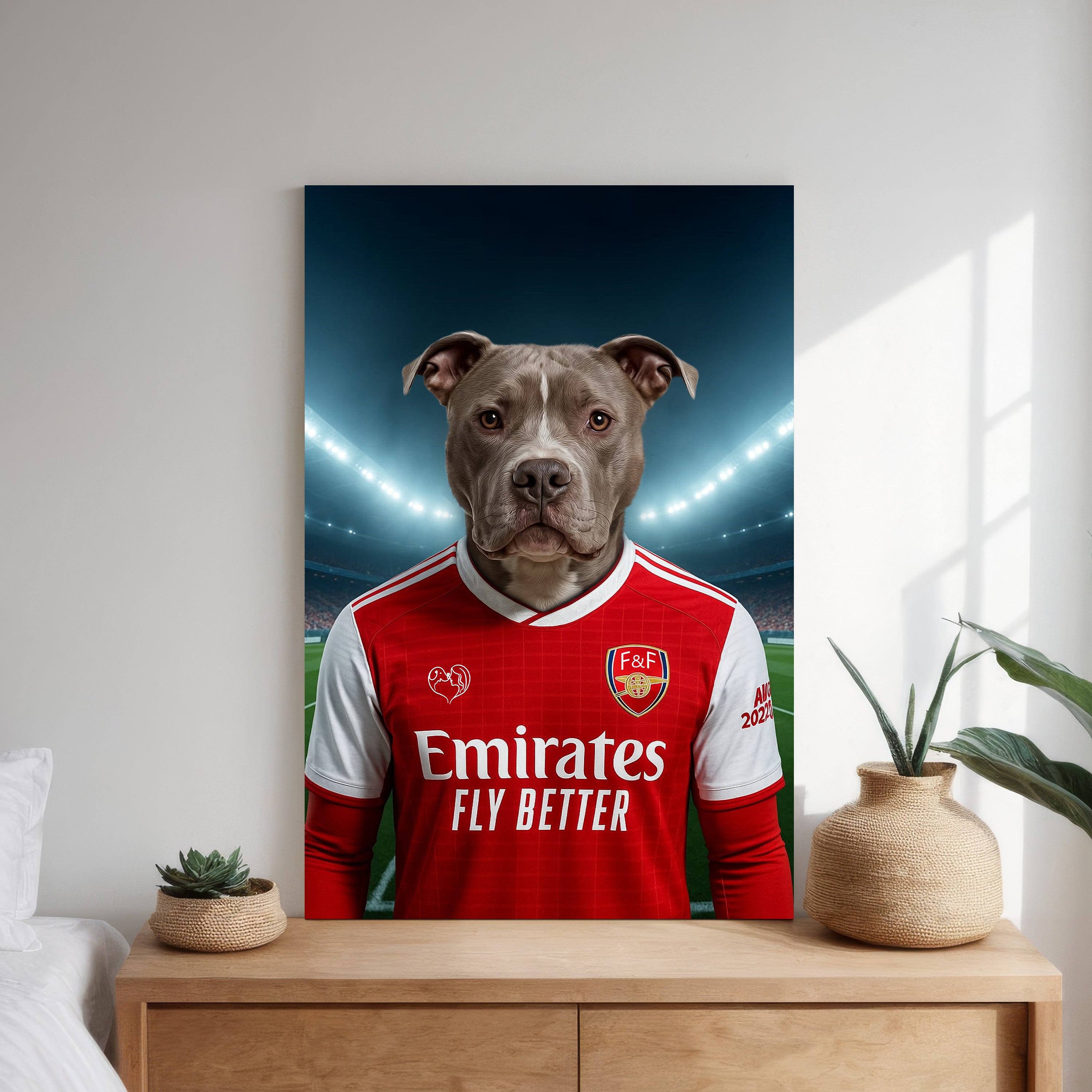 Custom pet portrait of a dog in 2025/26 Arsenal football jersey
