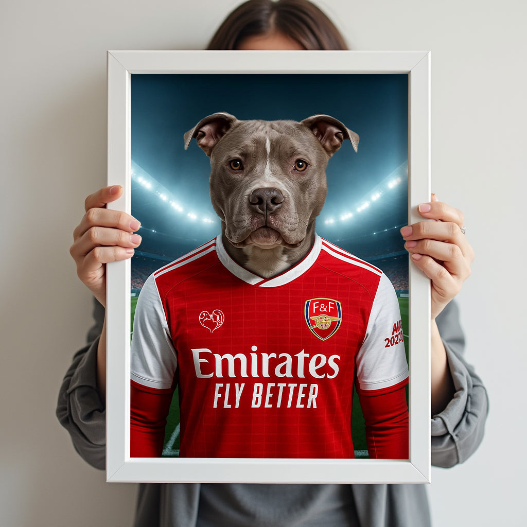 Custom pet portrait of a dog in 2025/26 Arsenal football jersey