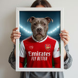 Custom pet portrait of a dog in 2025/26 Arsenal football jersey