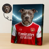 Custom pet portrait of a dog in 2025/26 Arsenal football jersey