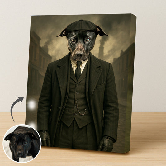 Custom pet portrait of a dog dressed as Arthur Shelby from Peaky Blinders in vintage 1920s gangster attire