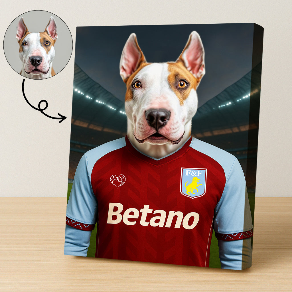Custom pet portrait of a dog in 2025/26 Aston Villa football jersey