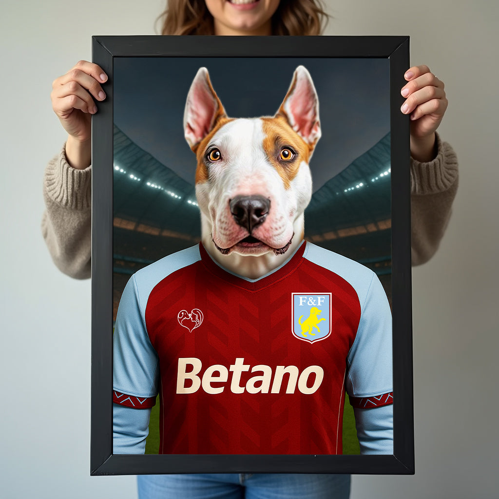 Custom pet portrait of a dog in 2025/26 Aston Villa football jersey