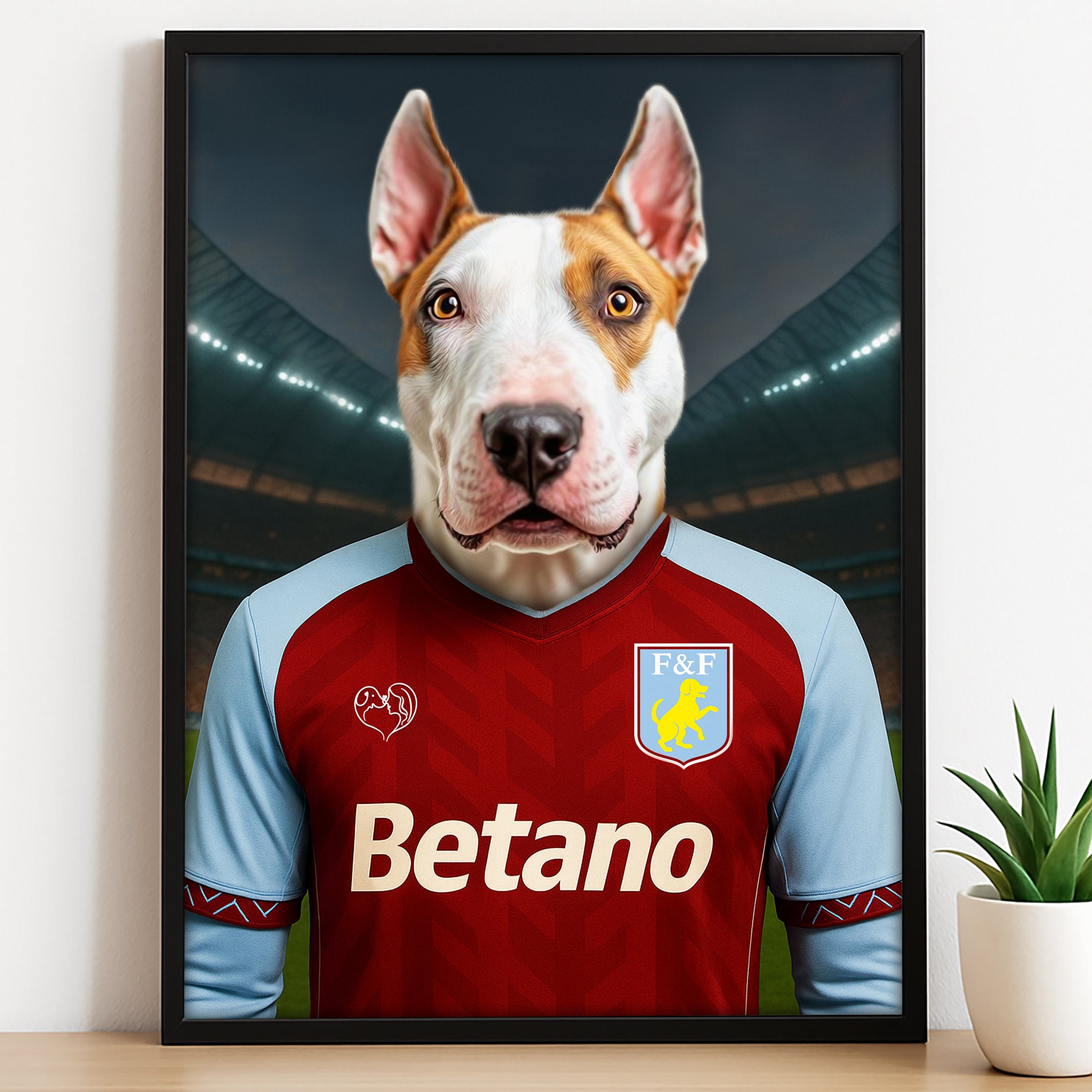 Custom pet portrait of a dog in 2025/26 Aston Villa football jersey