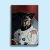 Custom pet portrait of a dog in a white astronaut suit with a galaxy background – space explorer theme
