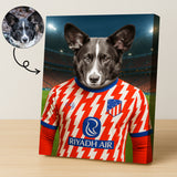 Custom pet portrait of a dog in 2025/26 Atletico Madrid football jersey
