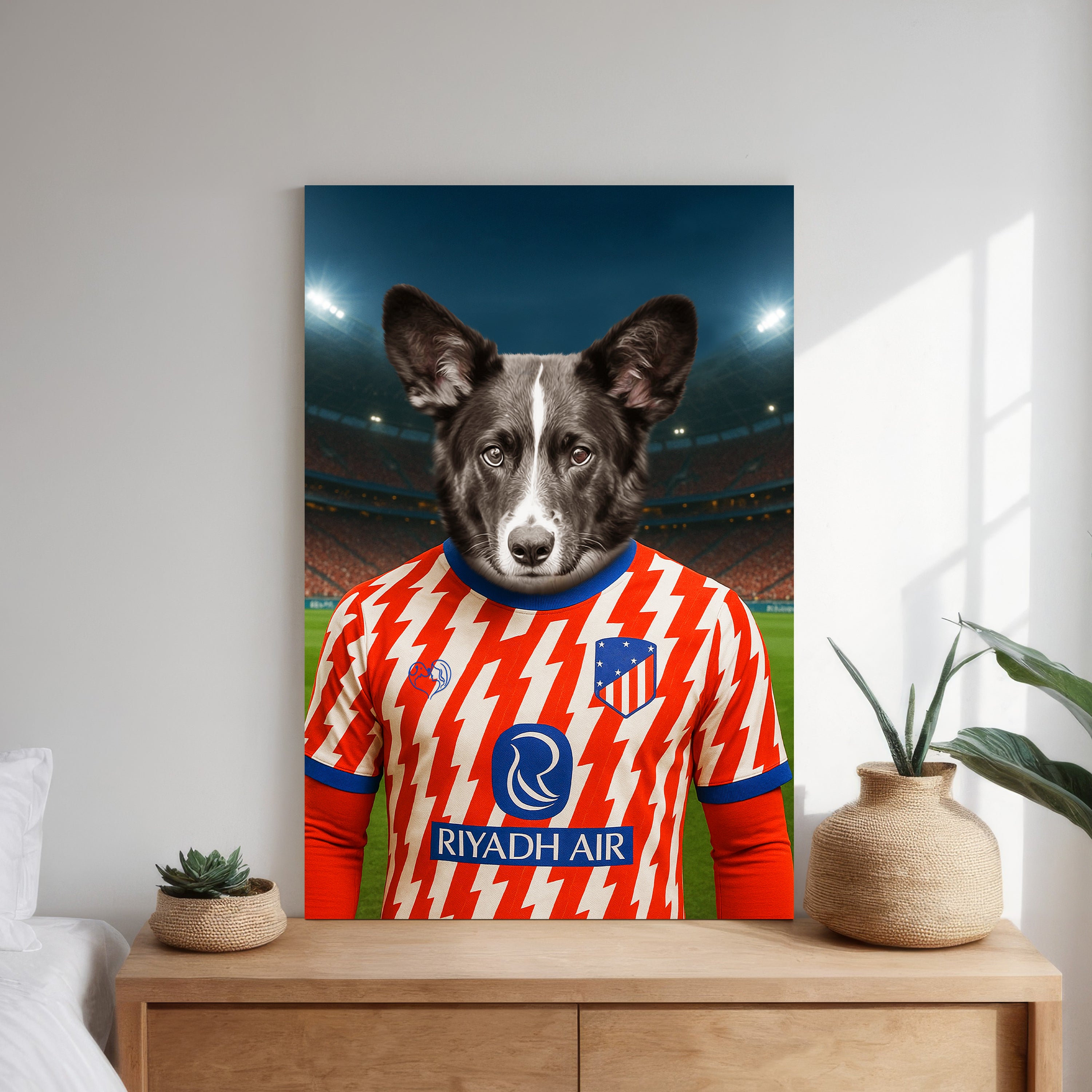 Custom pet portrait of a dog in 2025/26 Atletico Madrid football jersey